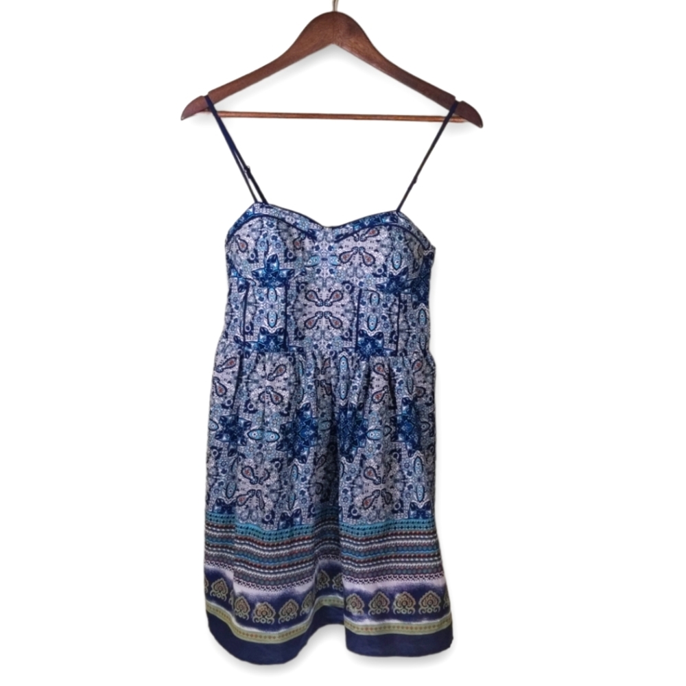 NWOT Band of Gypsies Blue Paisley Bustier Mini Fit and Flare Dress